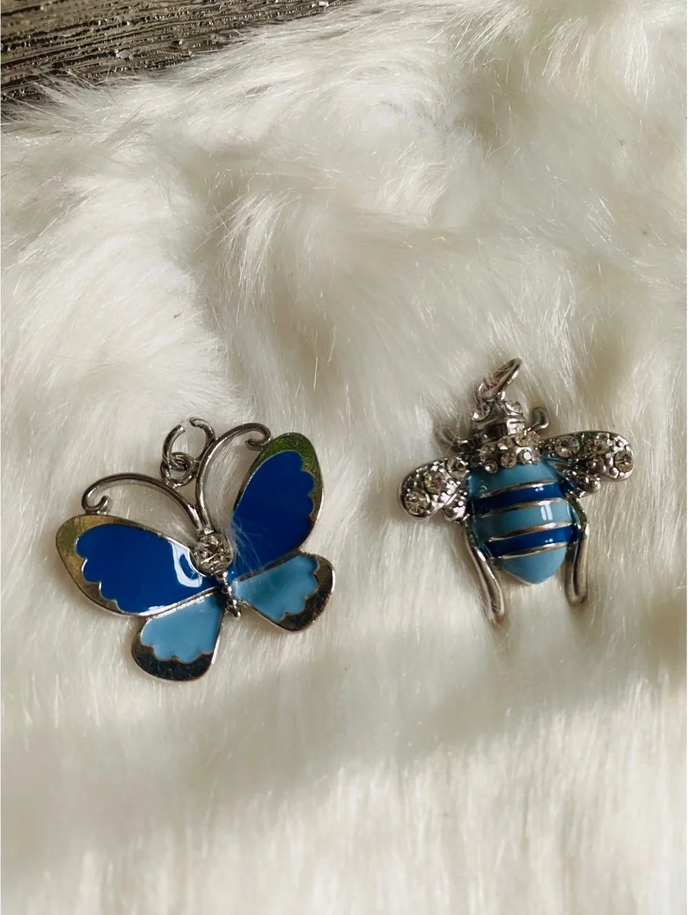 Set of Two Blue Insect-Themed Metal Charms - Butterfly and B